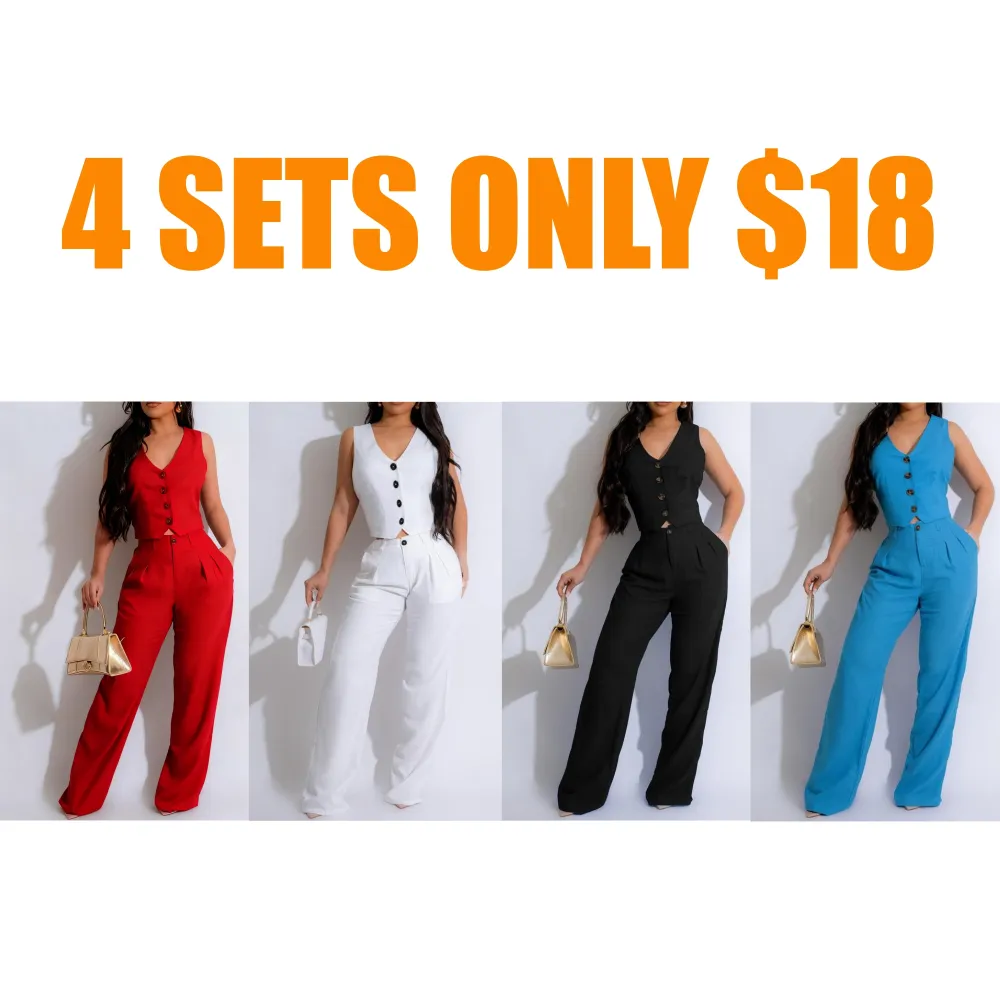Women's Button Front V Neck Crop Tank Top & High Waist Pants Set