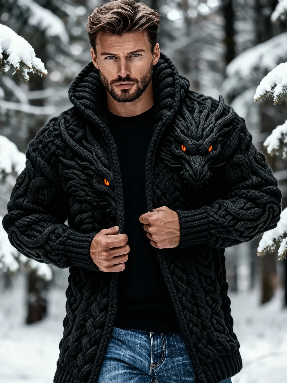 Men's Retro Wolf Head Celtic Knot Jacquard Chunky Knit Mid-Length Cardigan Sweater