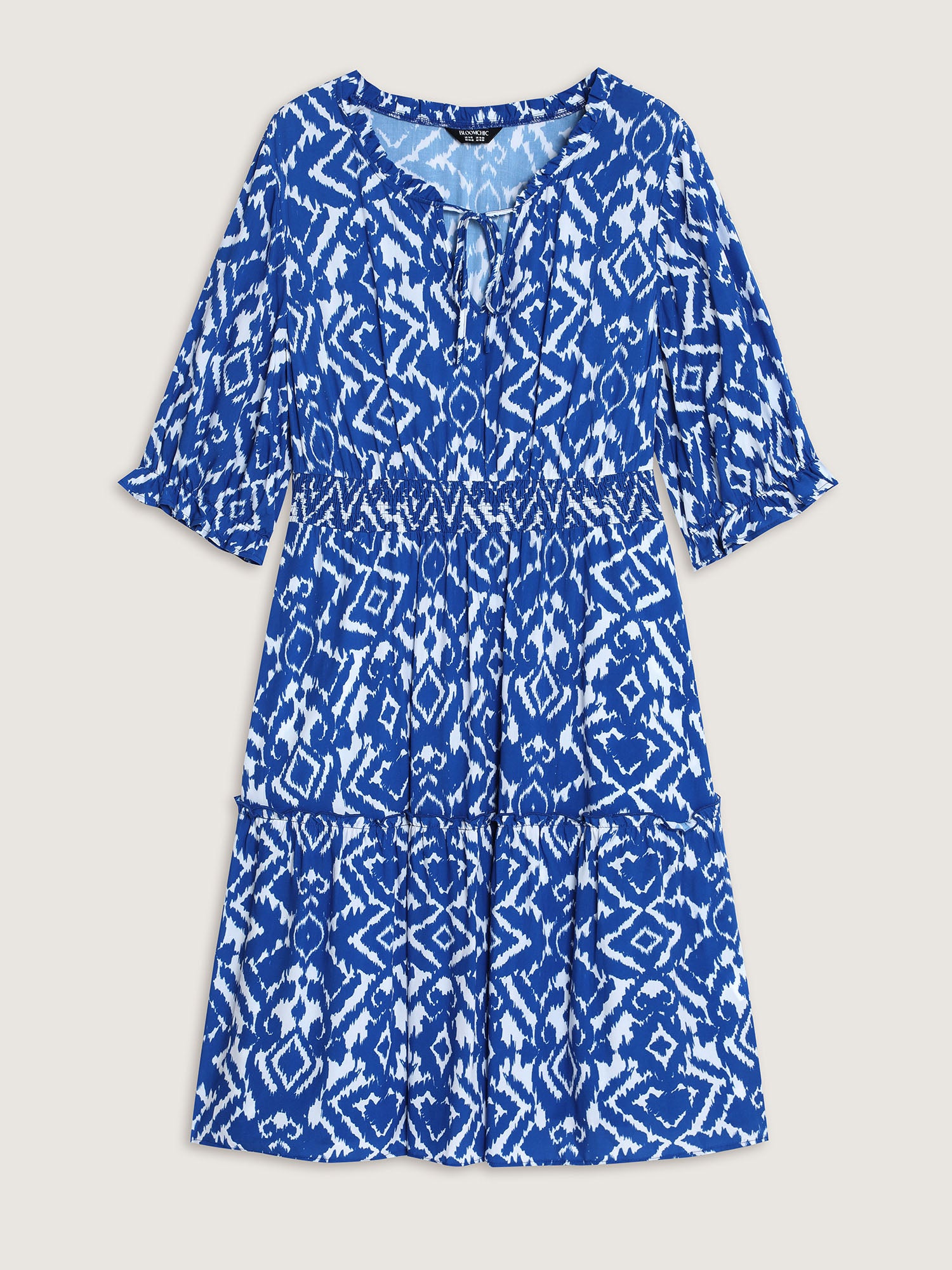 Abstract Print Drawstring Neckline Shirred Mini Dress