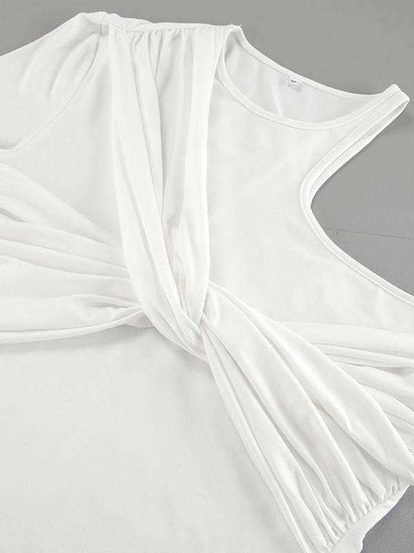 Asymmetric Knot Pleated Solid Color Long Sleeves Skinny Round-Neck T-Shirts Tops