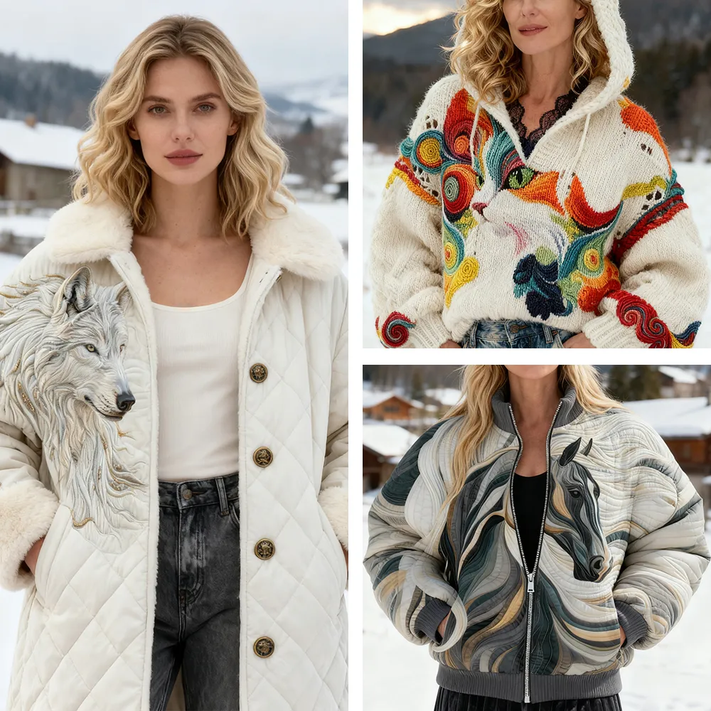 3 PCS $17.97 Women's Artistic Animals Line Knit Hooded Sweater