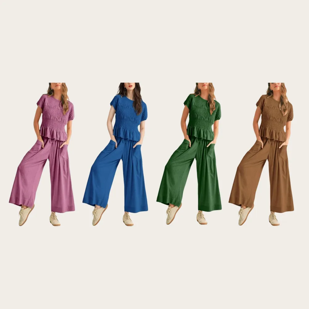 Casual Boho Matching Set Smocked Top & Wide-Leg Pants