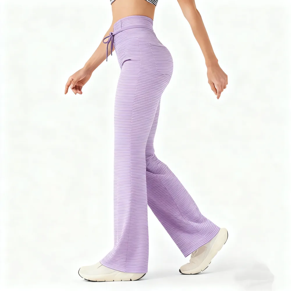 High Waisted Drawstring Stripe Flare Yoga Pants with Pockets