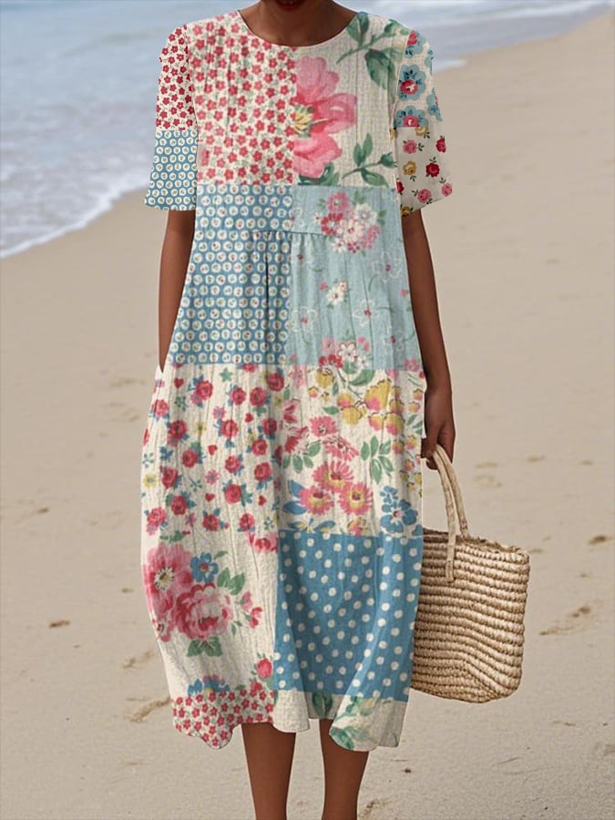 Women's Vintage Floral Print Casual Round Neck Short Sleeves Dress- Fast Shipping
