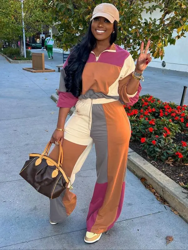 2-piece Set Women's Colorblock Zip Up Jacket & Wide Leg Pants