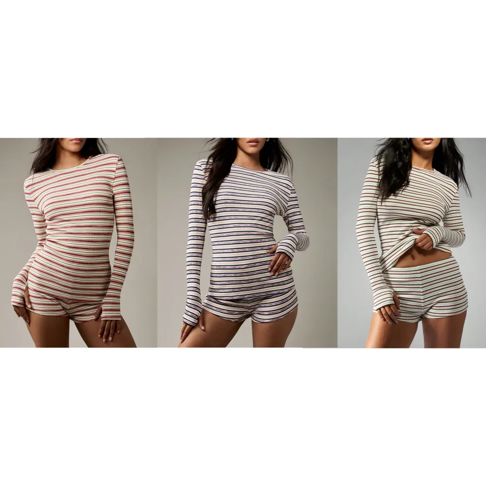 Women's Striped Knit Long Sleeve Top & High Waist Sporty Shorts Set