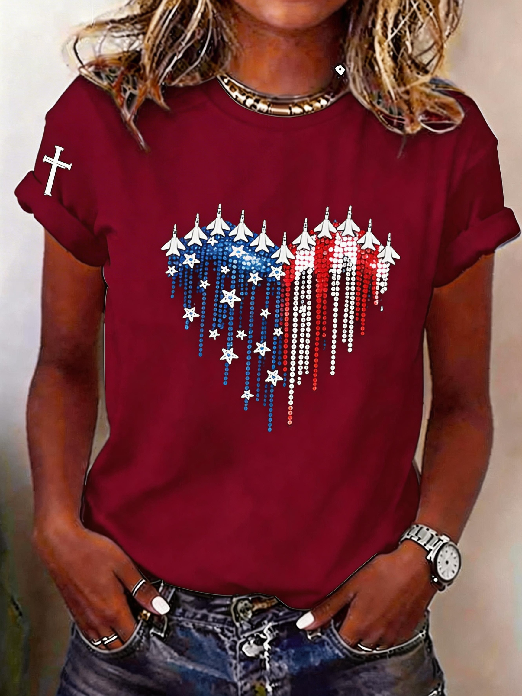 Women's Patriotic Faith & Freedom Heart Graphic Tee - Jet Fighter USA Flag Shirt