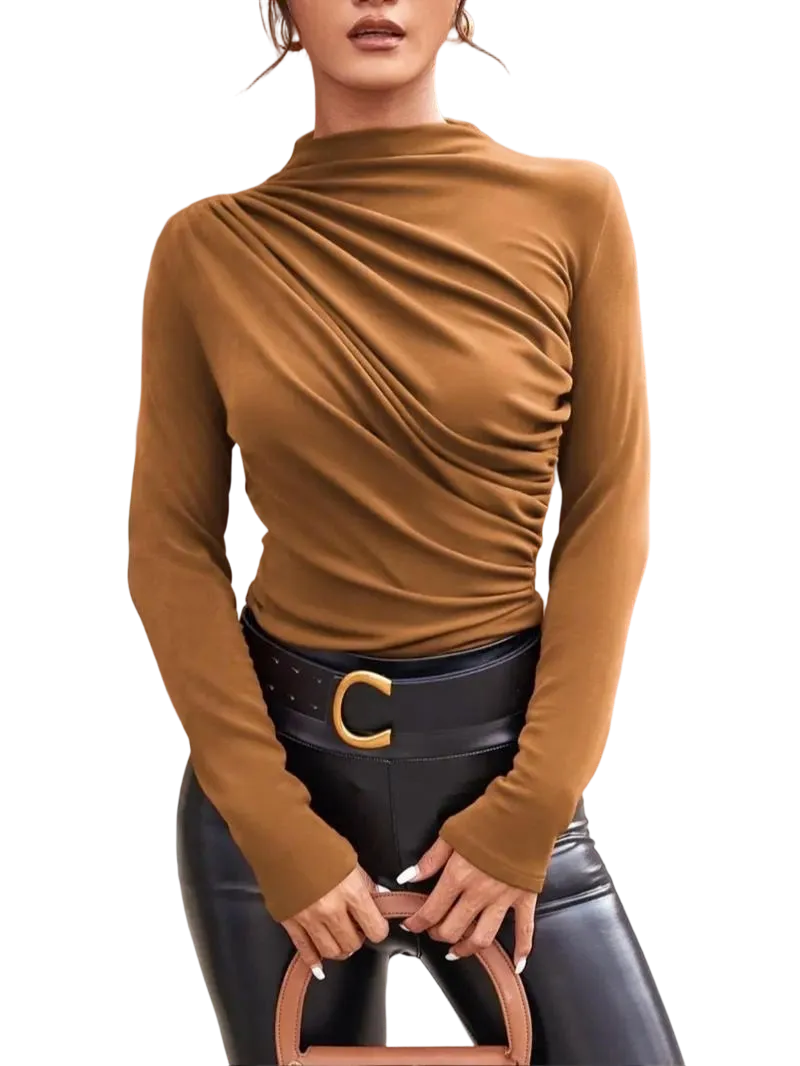 Women's solid color pleated turtleneck T-shirt
