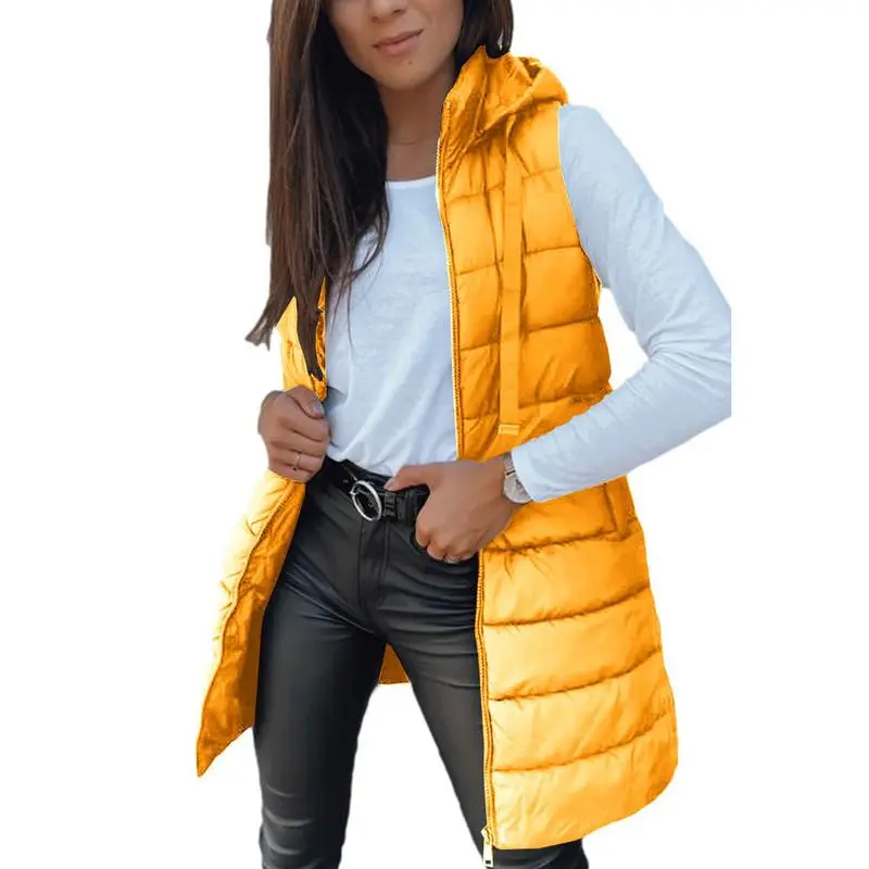 Women Long Vest Solid Color Sleeveless Hood Winter Puffer Vest Outwear