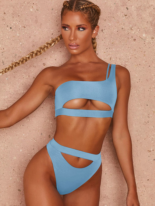 Fashion One-Sholuder Hollow Bralette High-Waisted Plain Bikini Swimwear