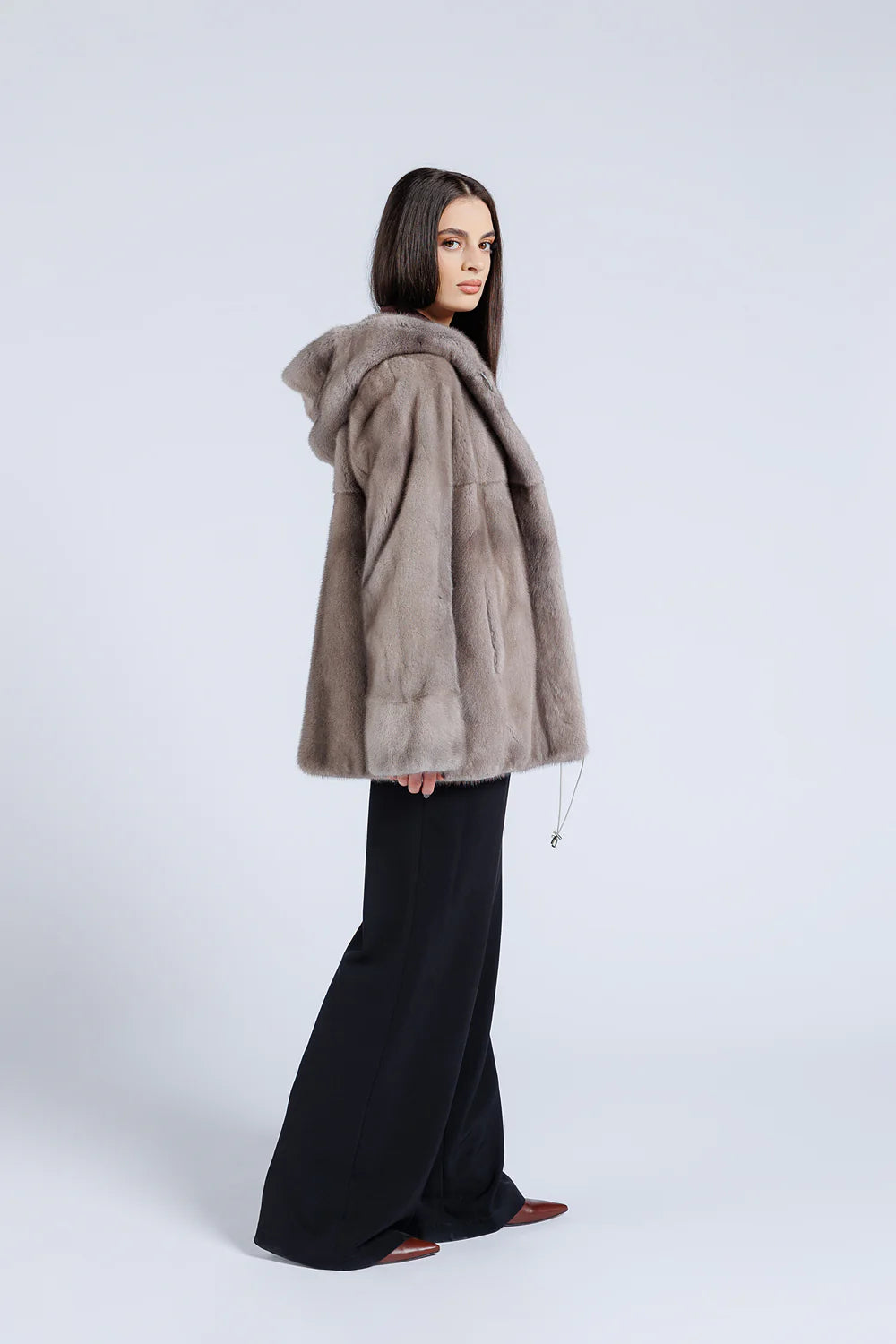 Haină din Blană Naturală de Vizon, cu Glugă, Femei, Silver Blue 206