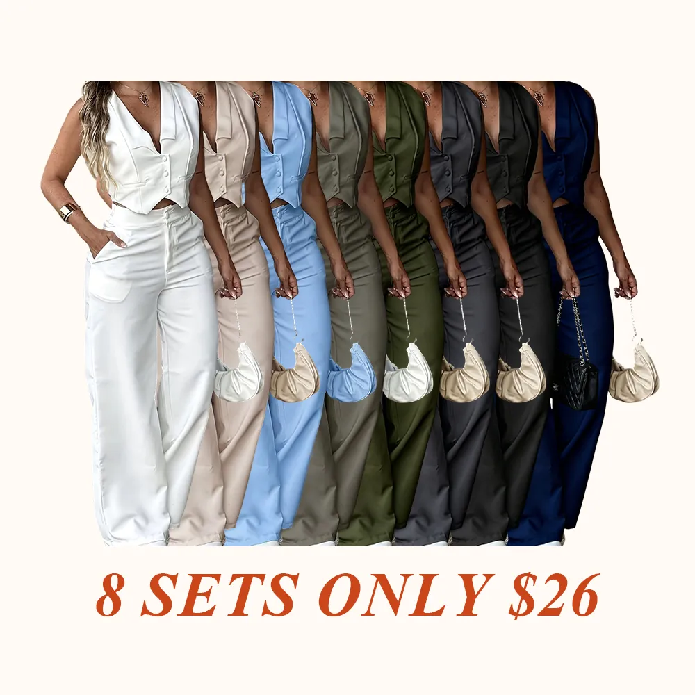 New Women's Pants Set, Sleeveless Waist Cinching Vest Set, Wide Leg Pants