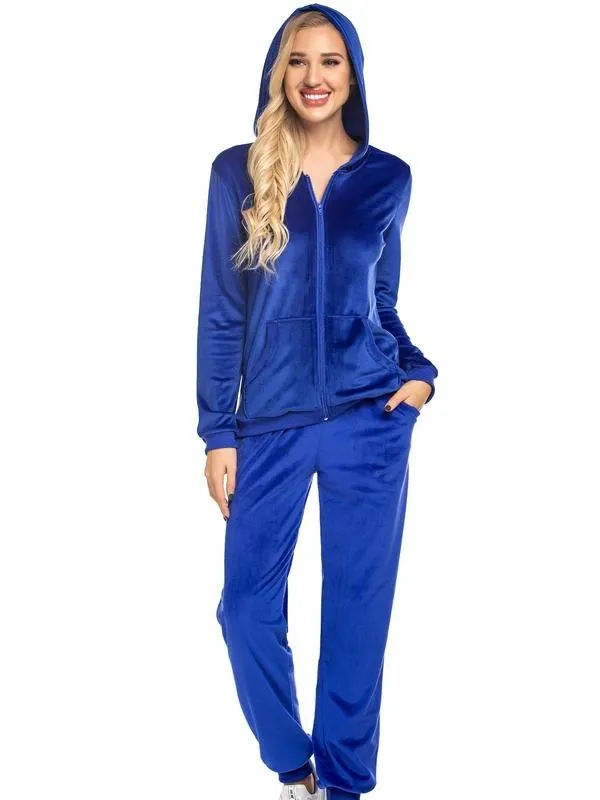 Women's Casual Velour Tracksuit Set Full Zipper Hoodie