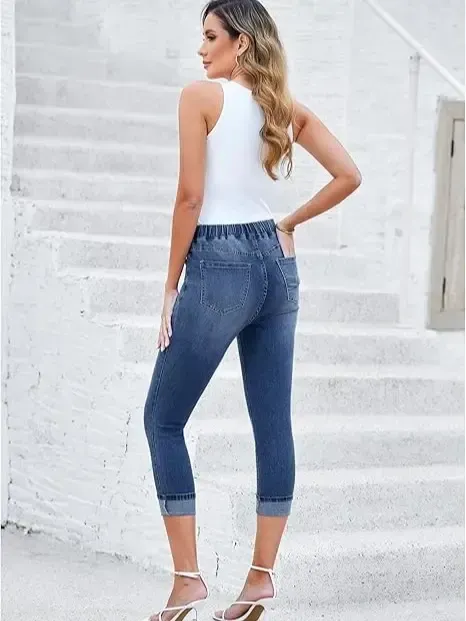 Women High Waisted Skinny Capri Pants Trendy Stretch Denim Cropped Jeans