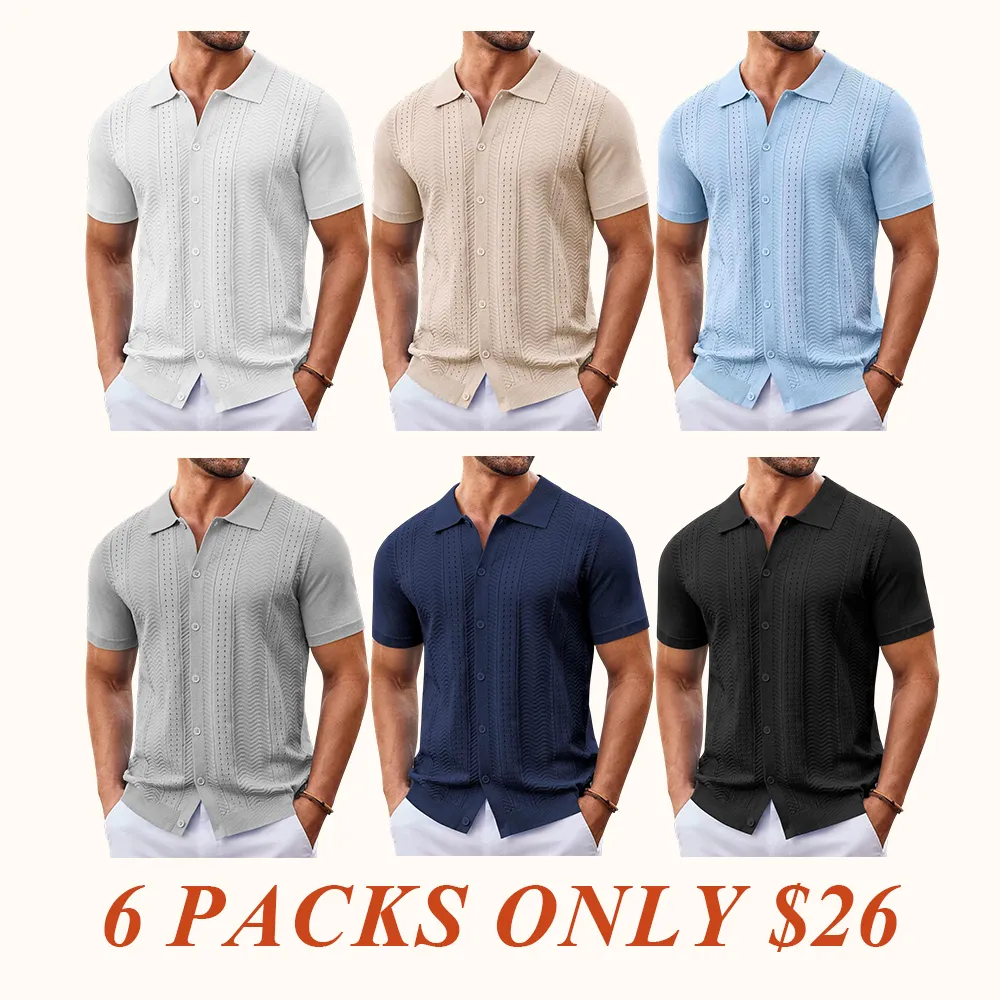 Mens Knit Button Down Shirt Short Sleeve Summer Casual Shirts Vintage Beach Vacation Shirts