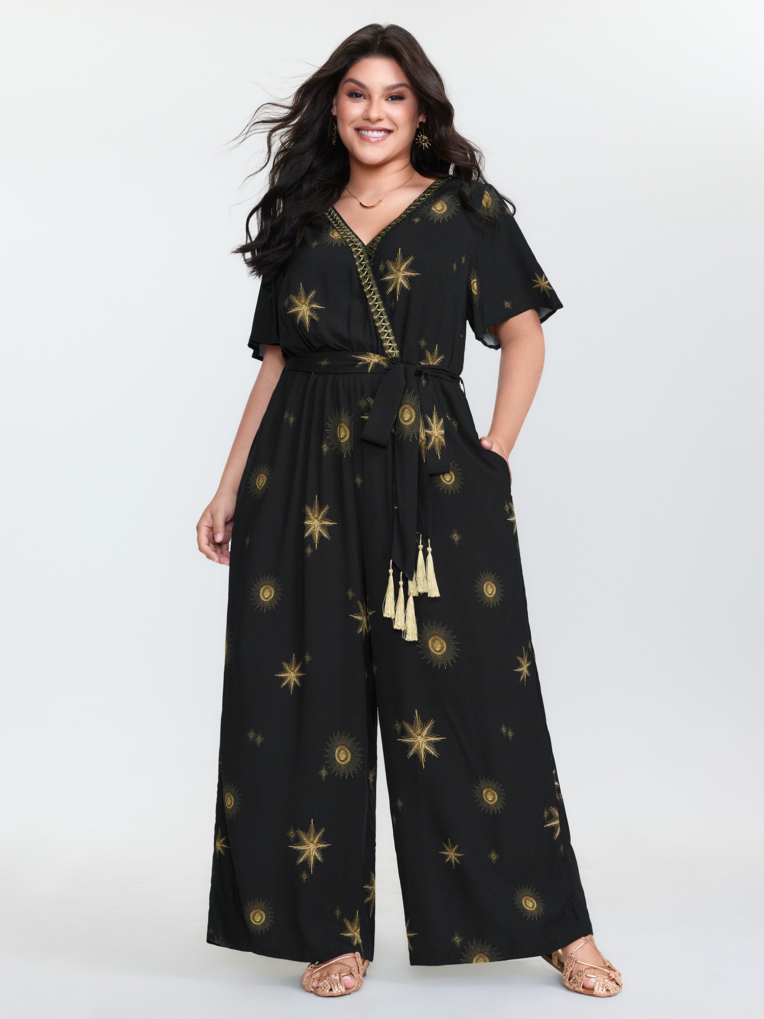 Star Moon Pattern Belted Jumpsuit