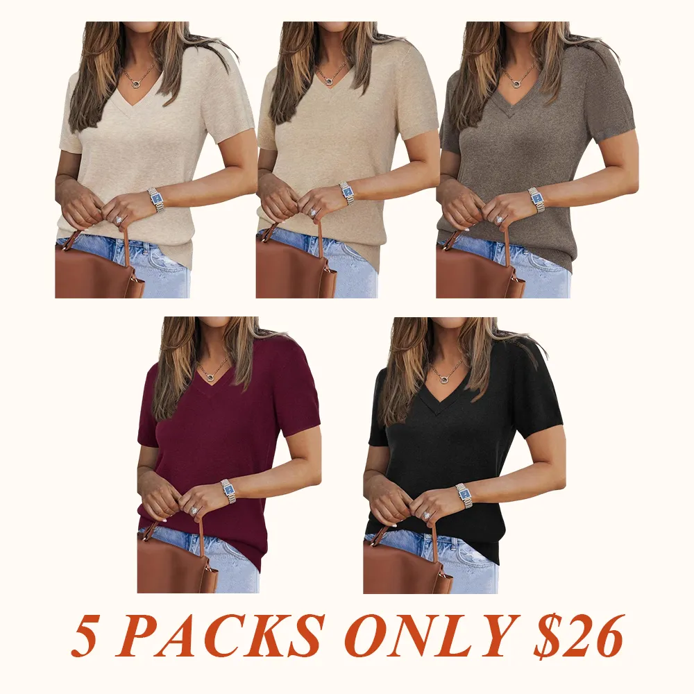 Womens Wool Blend Sweater Soft V Neck Short Sleeve Spring Fashion Pullover Tops