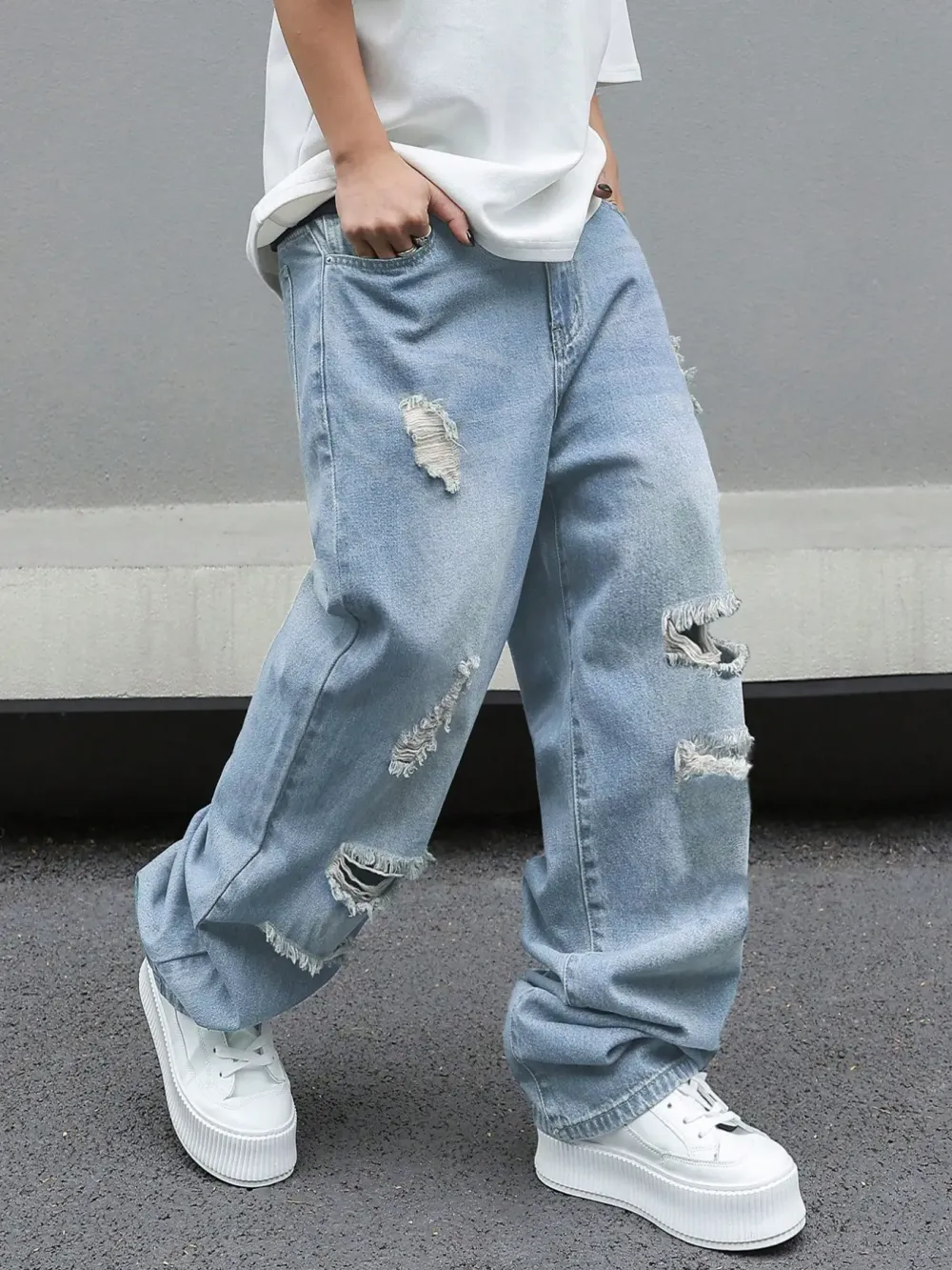 Men's Trendy Loose-Fit Jeans: American Retro-Style Distressed, Casual Wide-Leg Flared Denim