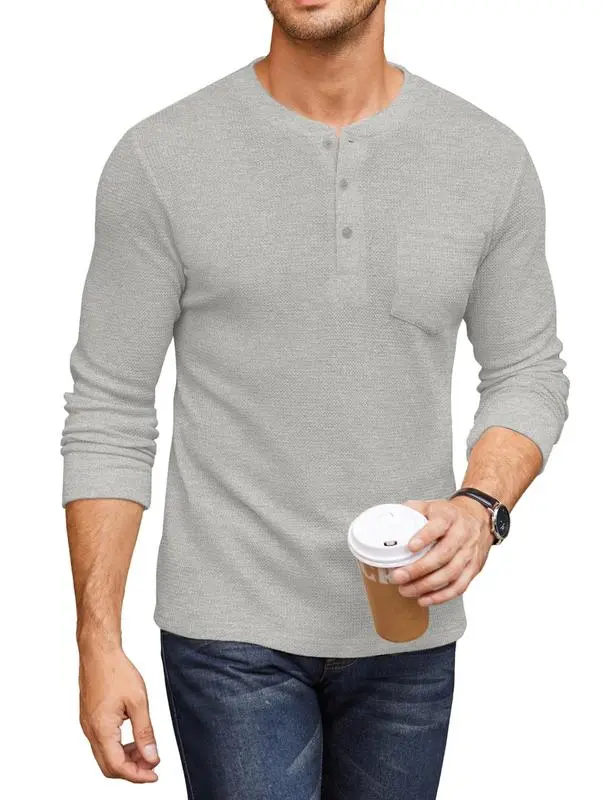 Men's Waffle Henley Long Sleeve Pocket Tee