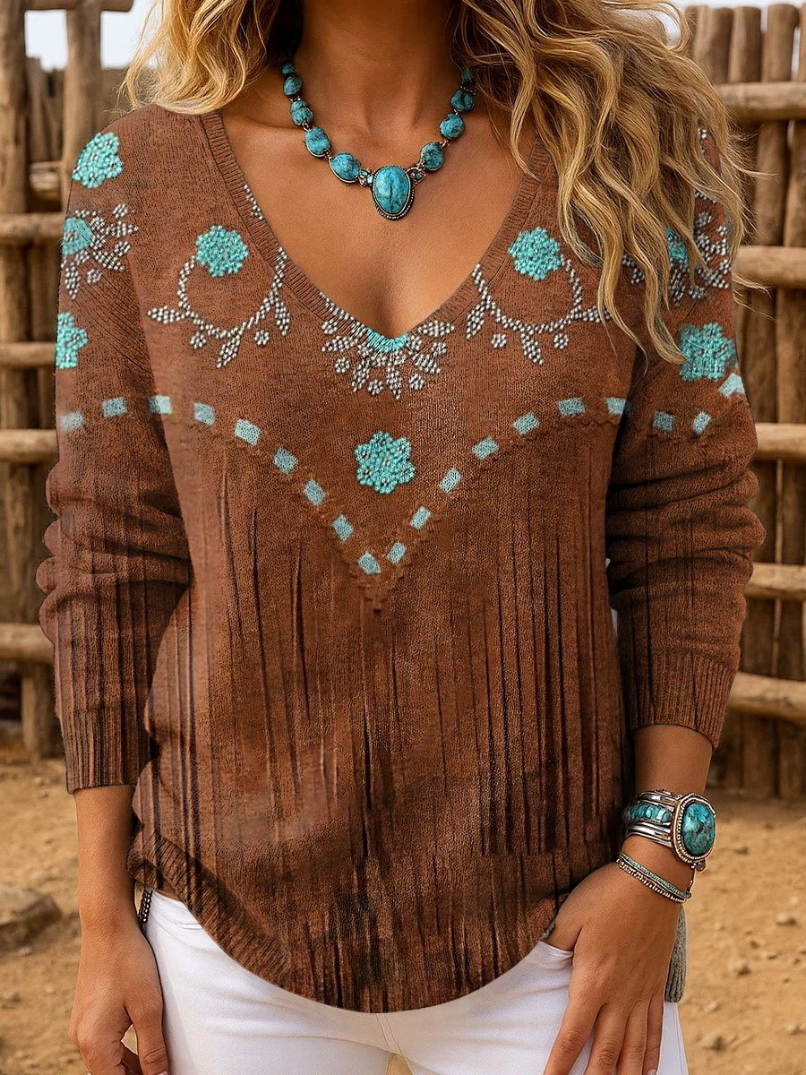 Women's Western Retro Pattern Print Long Sleeve Top