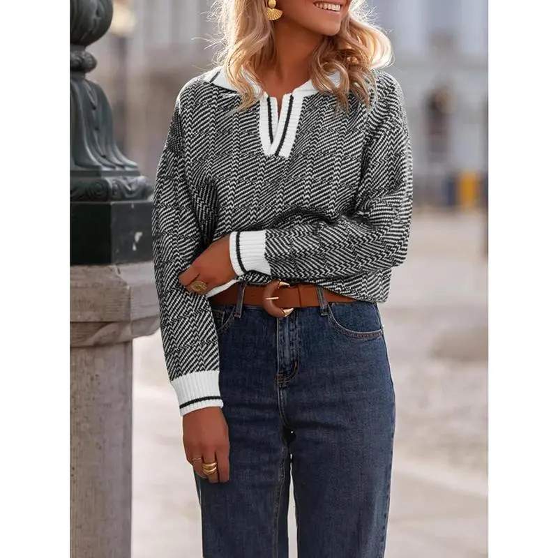 Womens V Neck Knit Sweater Color Block Long Sleeve