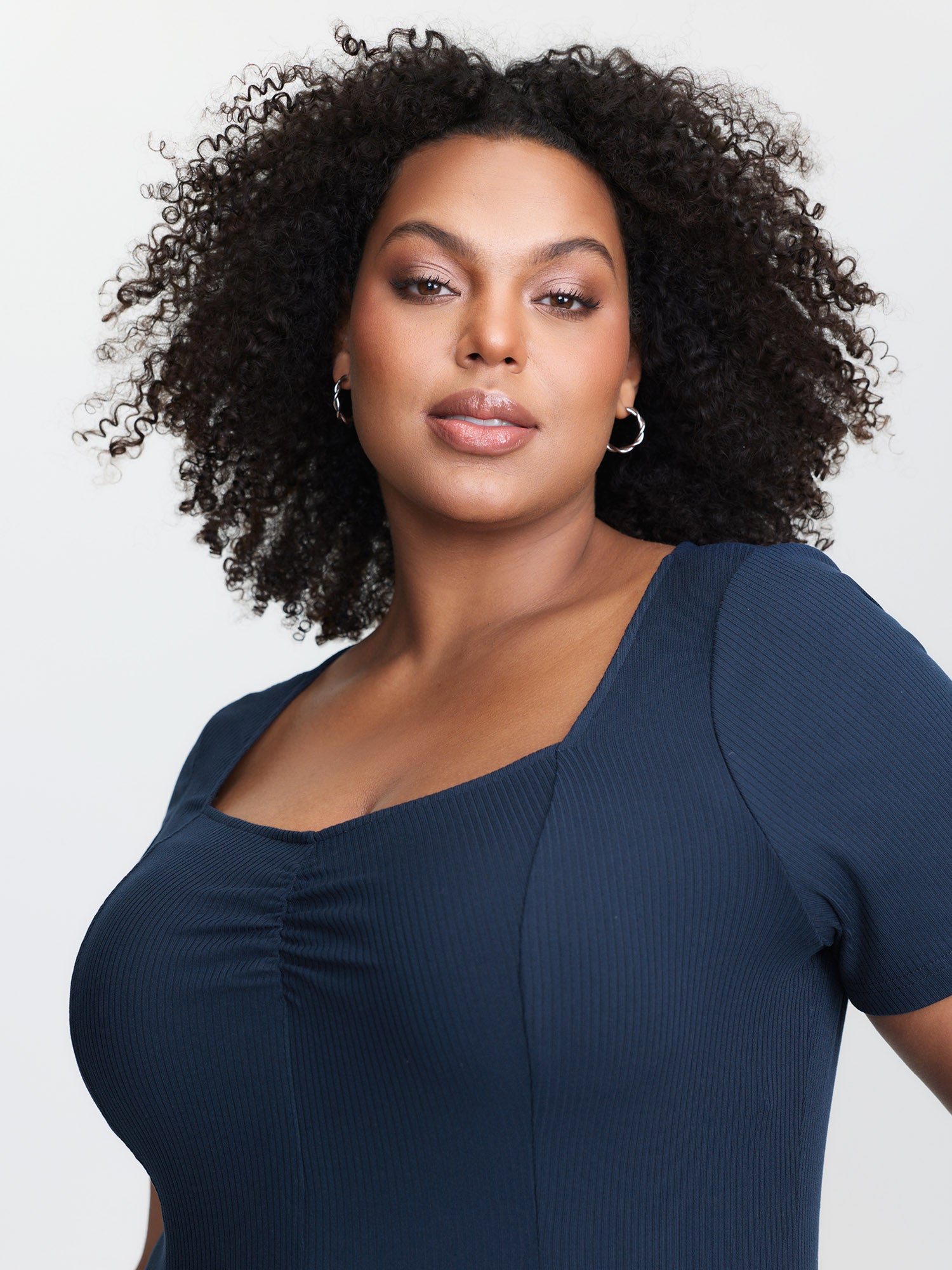 Ruched Bust-Friendly Square Neckline Midi Dress