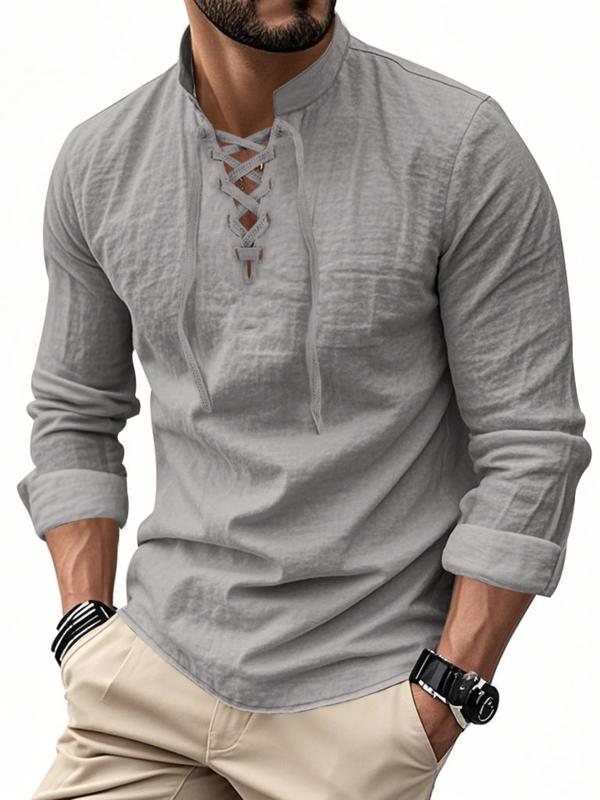 Men's Lightweight Breathable Linen Shirt, Drawstring Collar, Unique Design, Casual Plain Long Sleeve Polo, Perfect for Daily Commute Spring Fall Men's Clothing