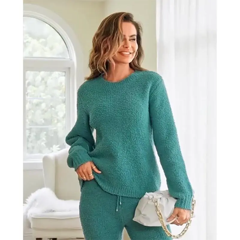 Women Fuzzy Fleece Long Sleeve Pajama Loungewear Set