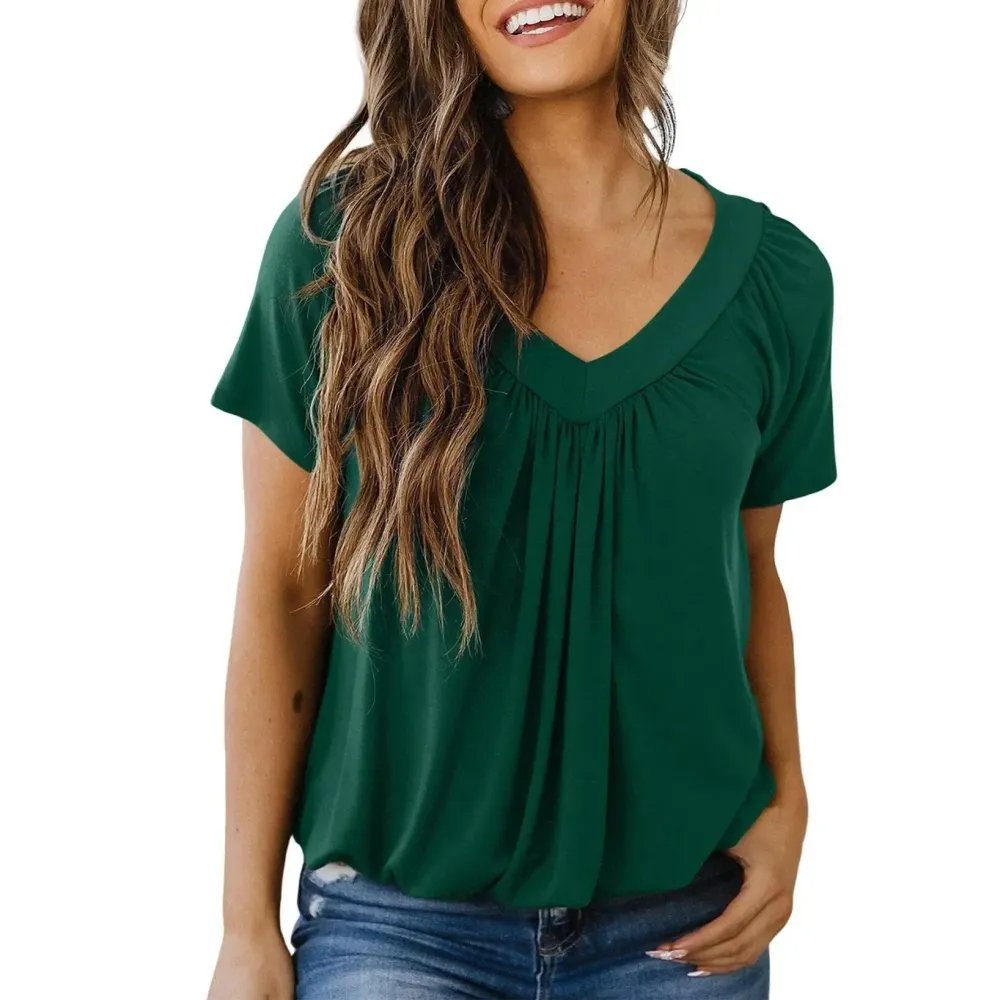 Women's Casual Summer Short Sleeve V Neck Tops T-shirts - Loose Fit & Comfortable Shirring Top