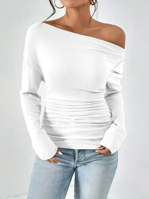 Women's Plain Ruched Asymmetrical Neck Drop Shoulder Tee