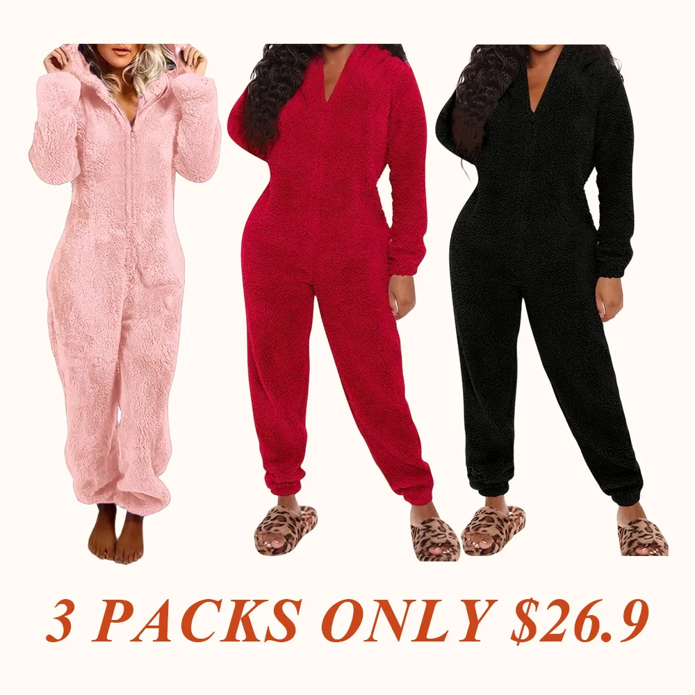 Women's Solid Zipper Hooded Plush Pajama Jumpsuit