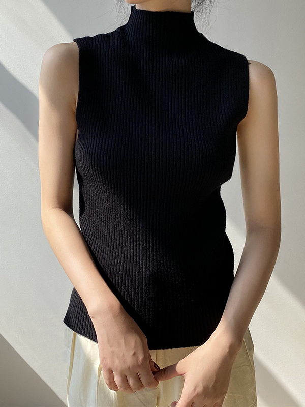 Solid Color Skinny Sleeveless High-Neck Vest Top Knitwear