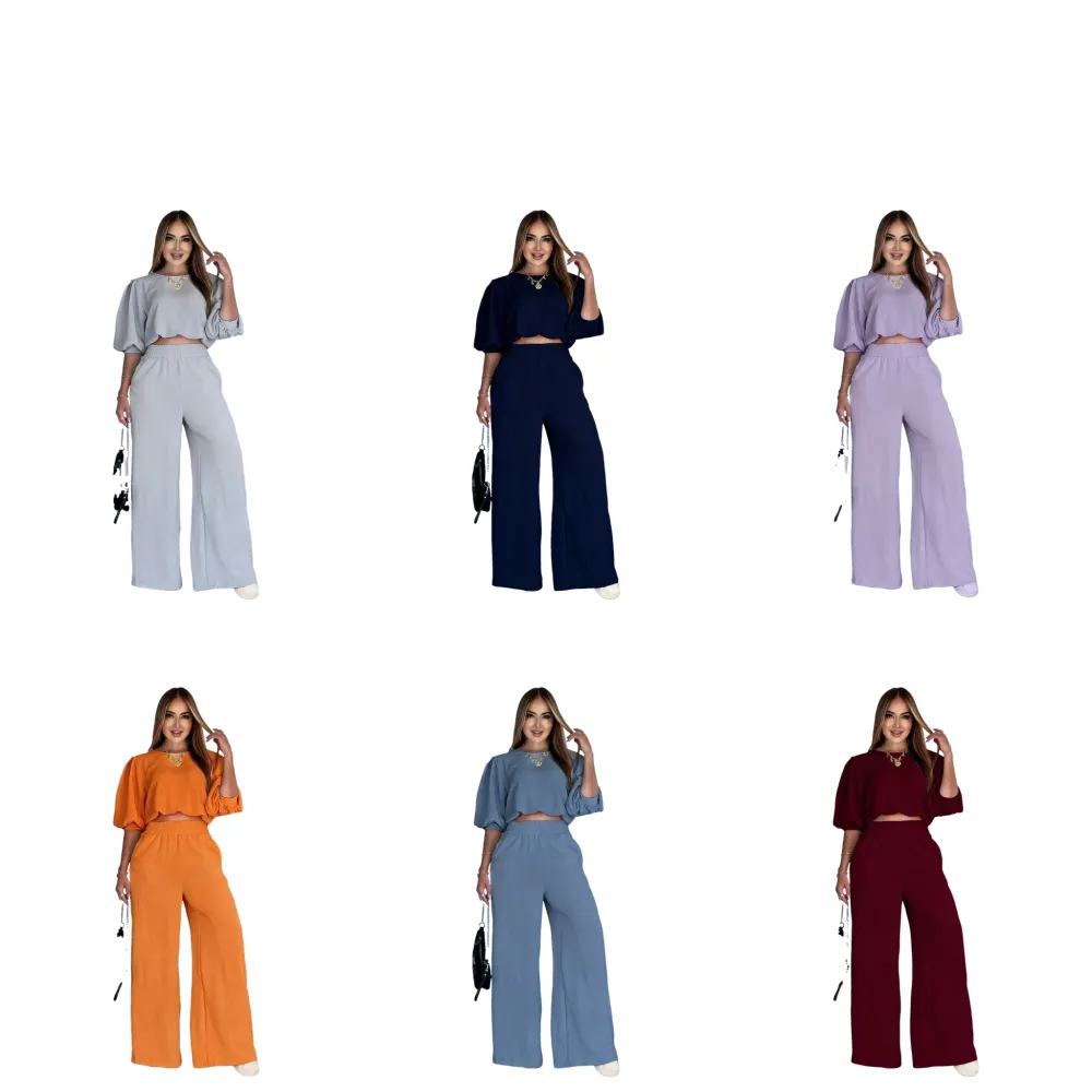 Women's Fashion Outfit, Half-Sleeve Top & Wide-Leg Pants, Casual Style for All Seasons, Women's Clothing Collection