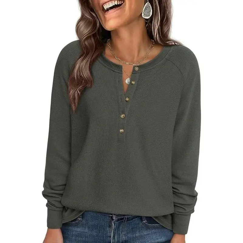 Women's Button Up Waffle Top Long Sleeve Knit Shirts Fall Casual Henley V Neck Tunic Tops