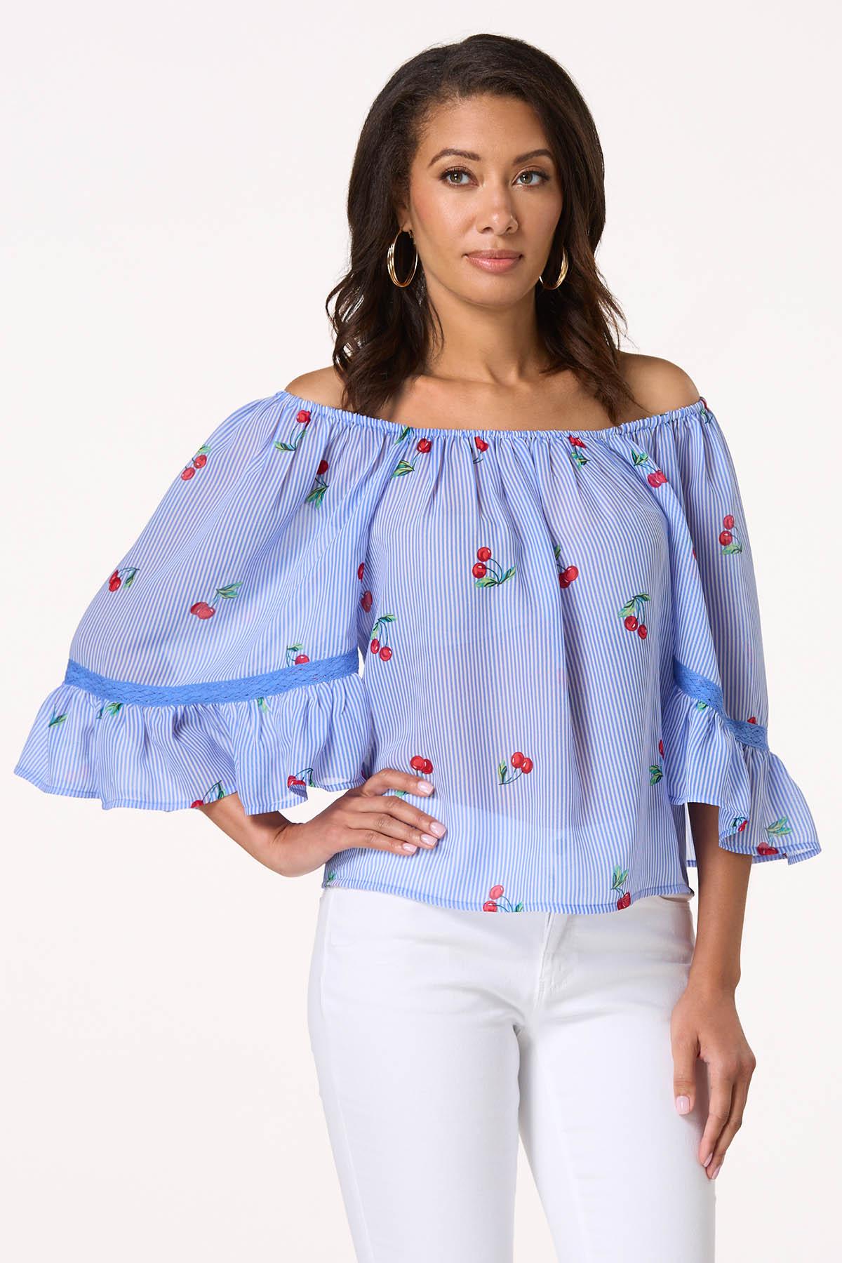 Stripe Cherry Off Shoulder Top