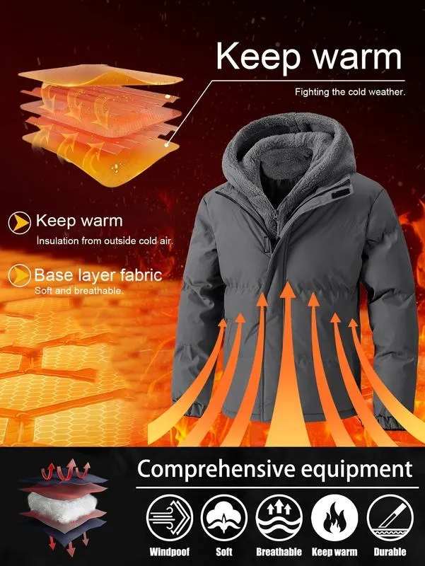 Men's Thickened Windproof Winter Jacket - Cold-Resistant Warm Fleece Lined Hooded Coat