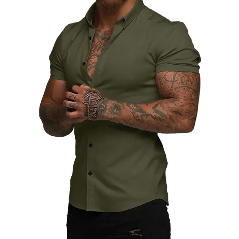 Mens Muscle Fit Dress Shirts Casual Button Down Shirt Short Sleeve Wrinkle-Free Shirts