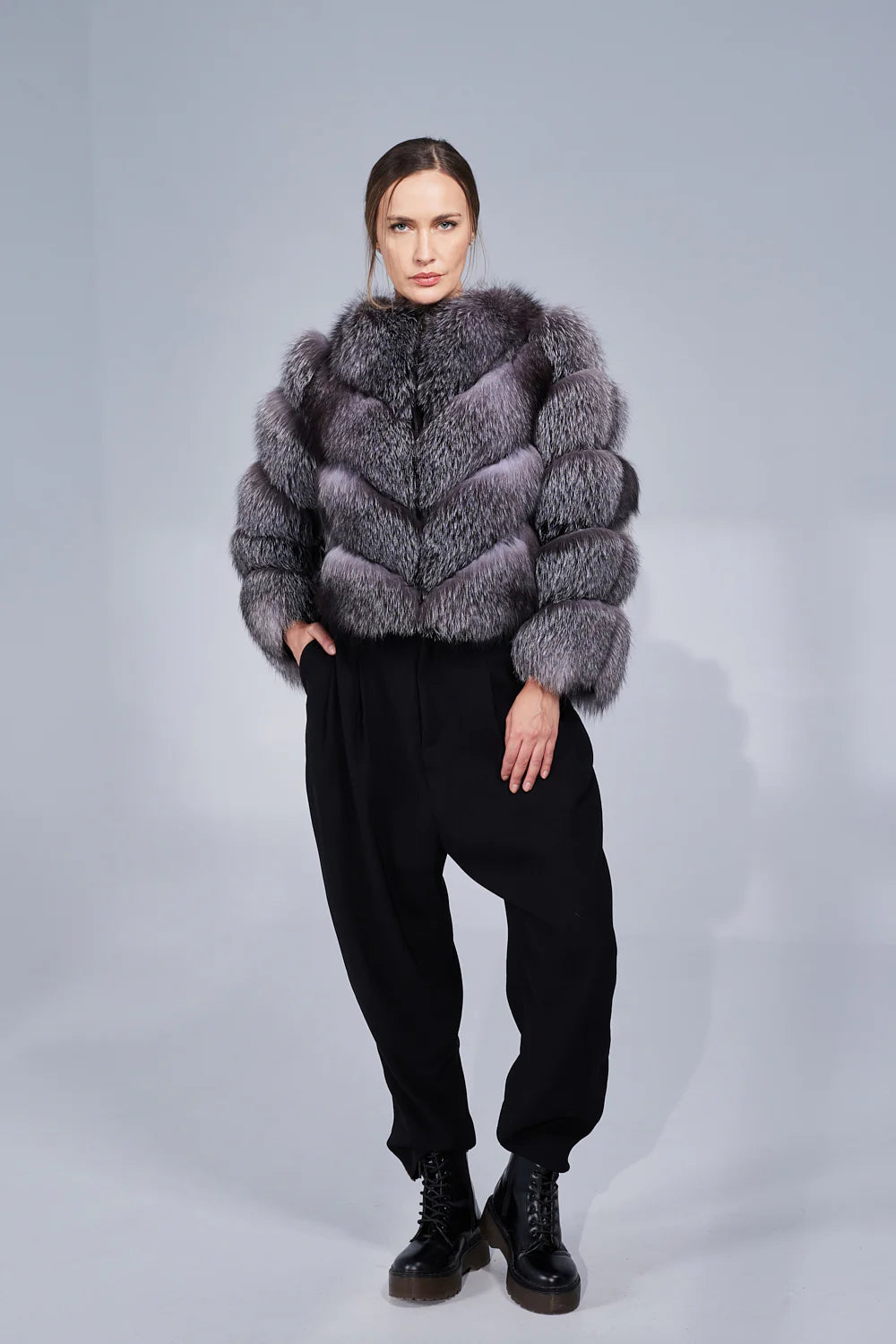 Haină din Blană Naturală de Vulpe Argintie, V Model, Transformabilă, Femei, Grey Frost 242