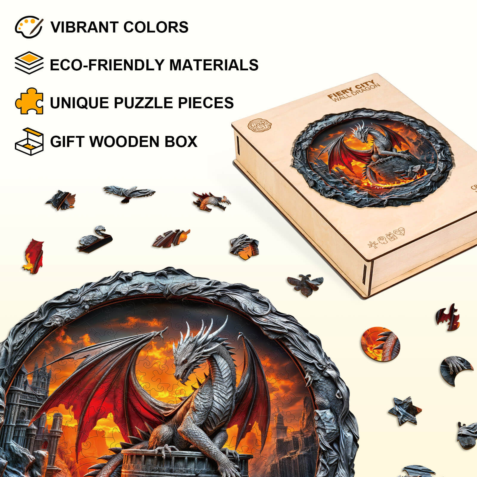 Fiery City Wall Dragon Wooden Jigsaw Puzzle