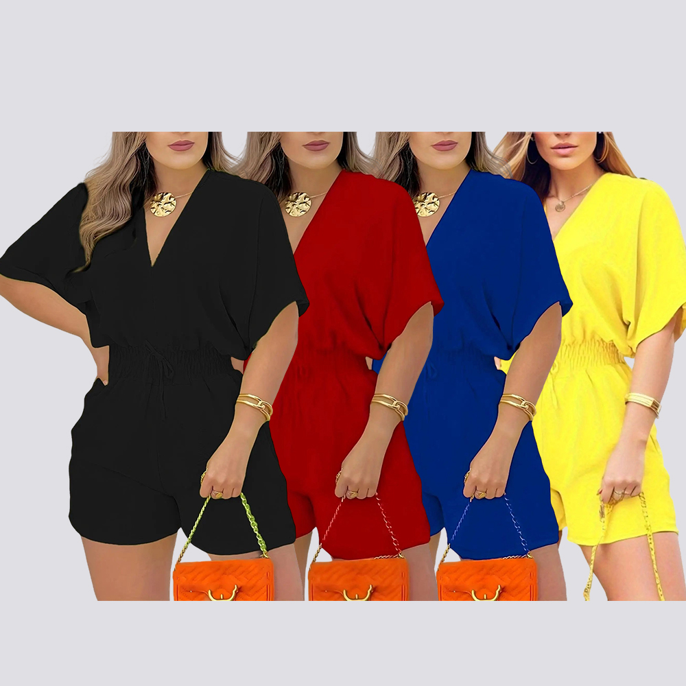 Women's Plain Drawstring Shirred Waist V Neck Romper