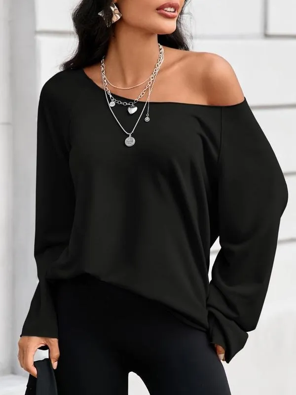 Womens Off the Shoulder Sweatshirts Wide Neckline Oversized Pullovers Long Sleeve