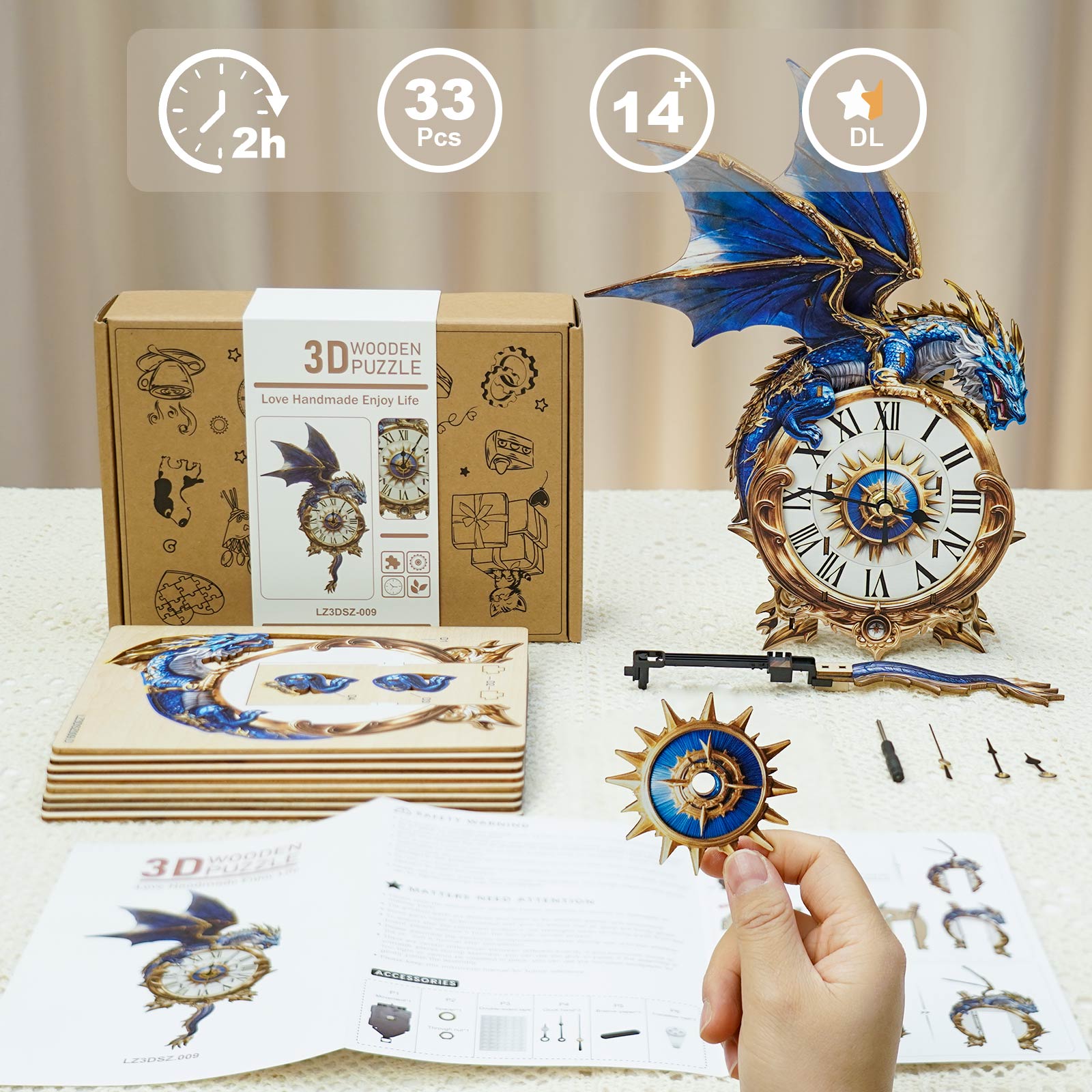Blue Dragon– DIY Wooden Clock, 3D Puzzle Craft Kit