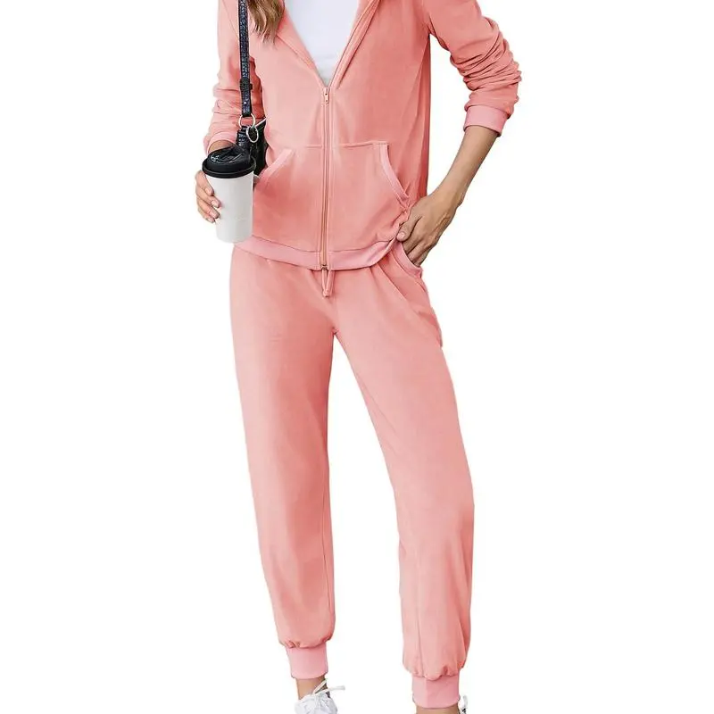 Women's Casual Velour Tracksuit Set Full Zipper Hoodie