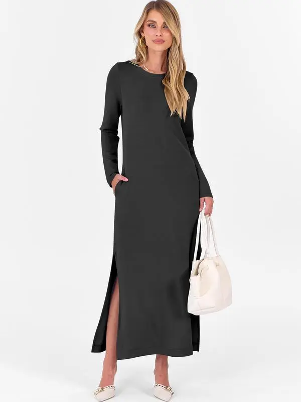 Women Long Sleeve Dresses 2026 Fall Casual Crewneck Loose Fit Split Flowy Wrinkle-Free Travel Vacation Maxi Dress