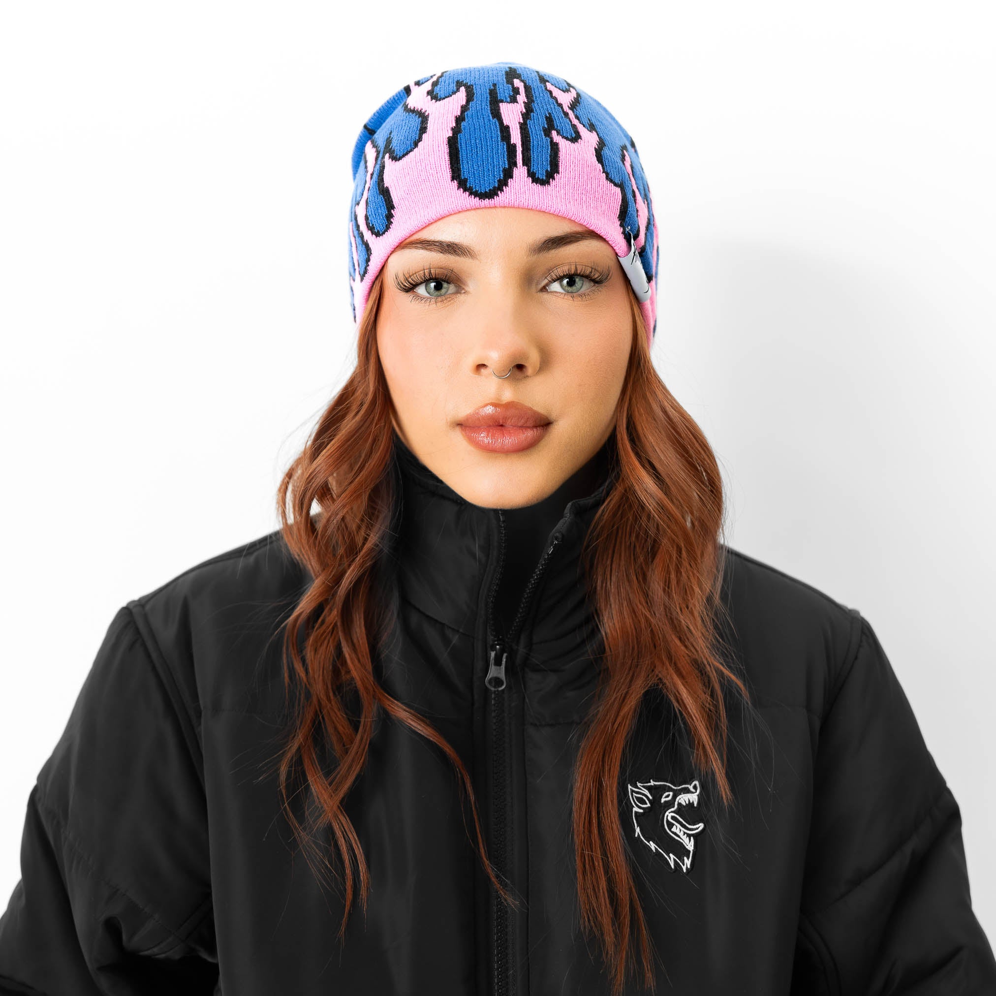 FLAME SKULL CAP BEANIE - BLUE / PINK