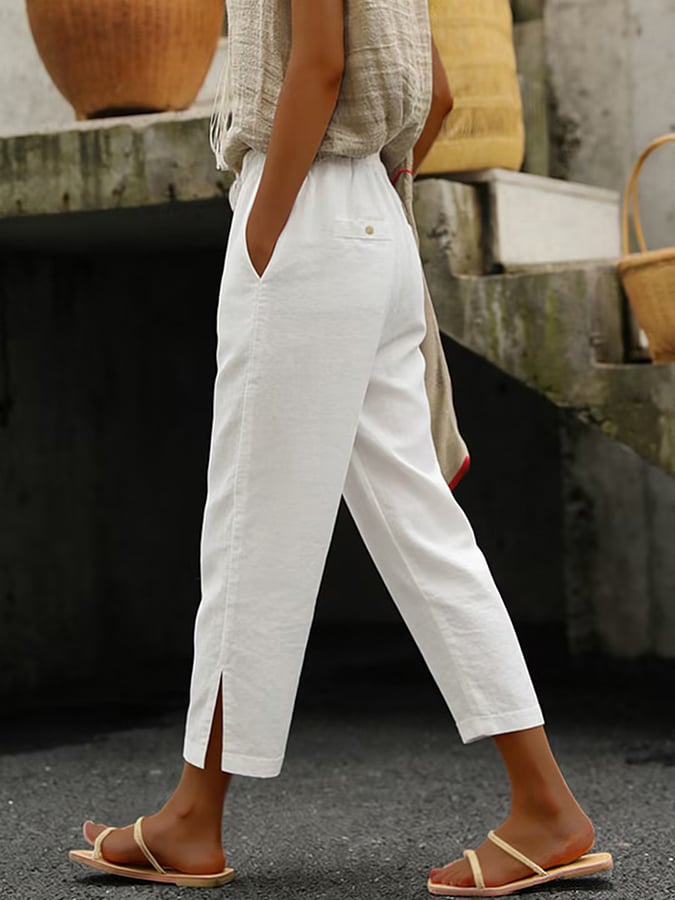 Women's Casual Solid Color Cotton Linen Side-Slit Ptants