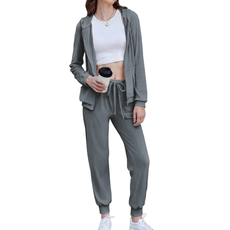 Women's Casual Velour Tracksuit Set Full Zipper Hoodie