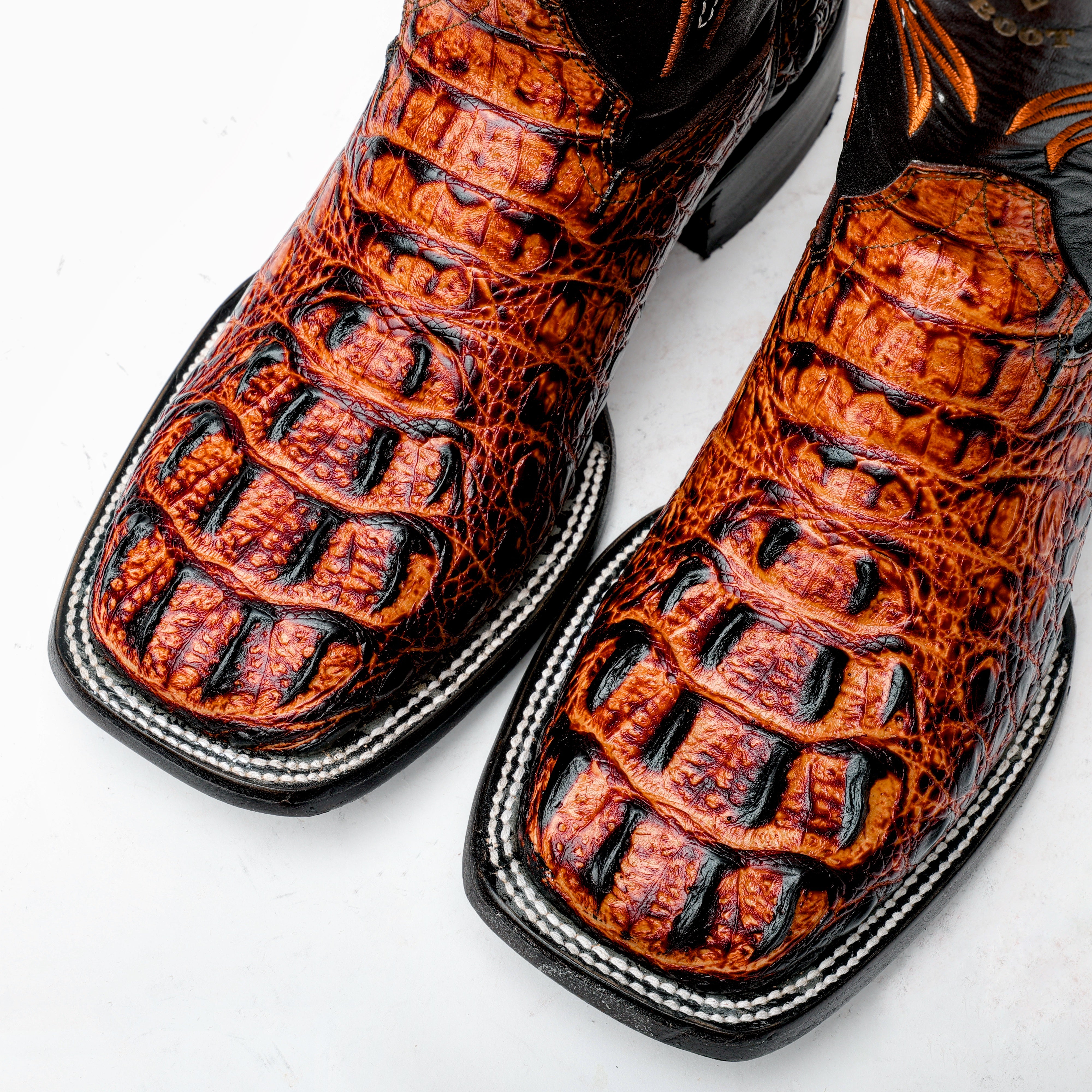Cognac Caiman Neck Leather Boots - Square Toe