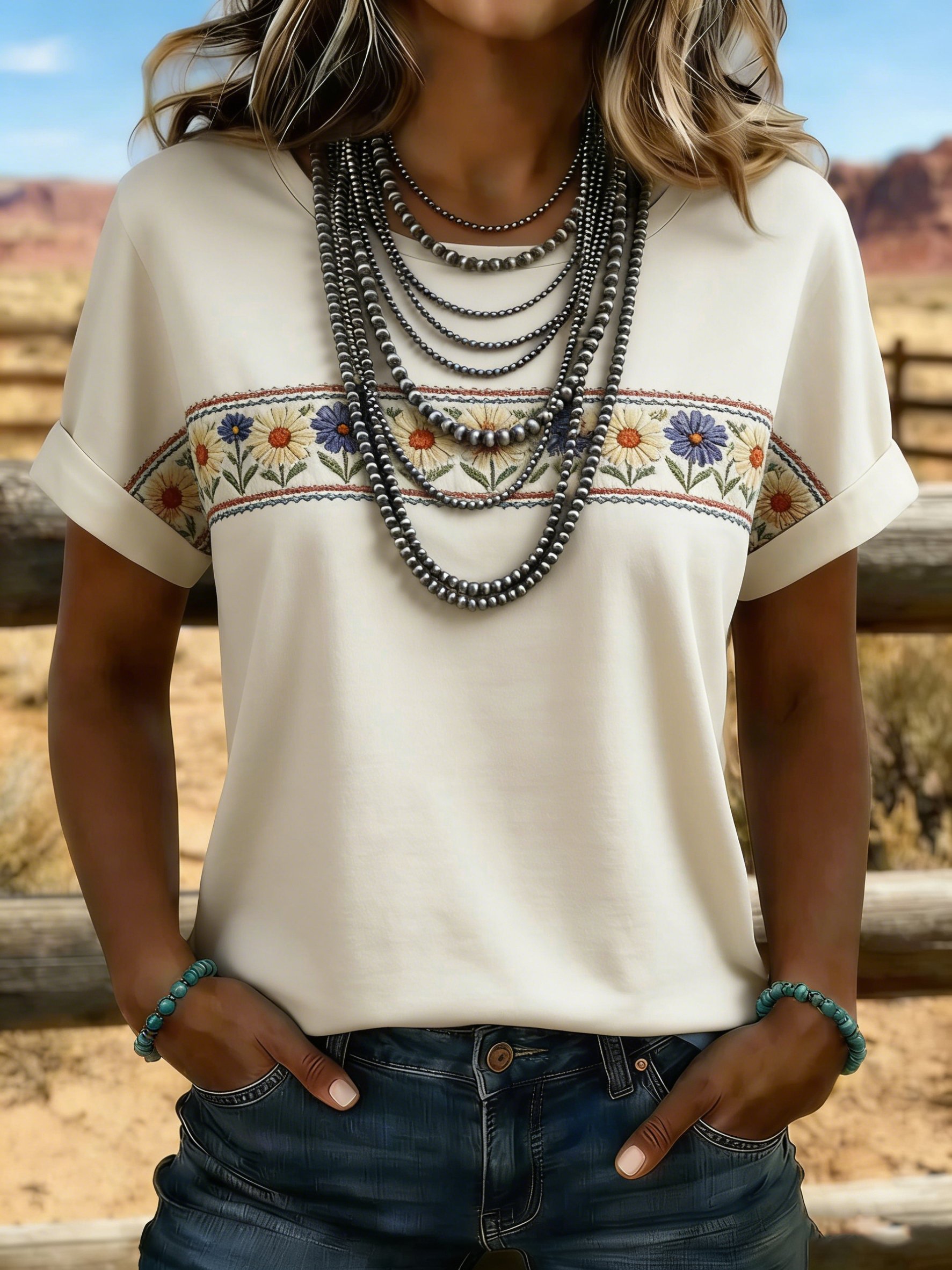Women's Casual Retro Western Print T-shirt