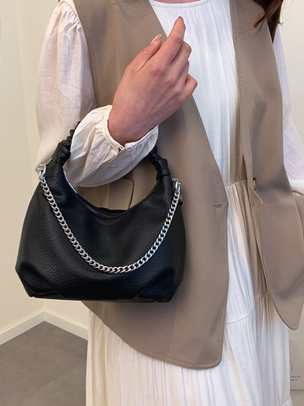 Chains Pleated Solid Color Zipper Handbags Crossbody Bags